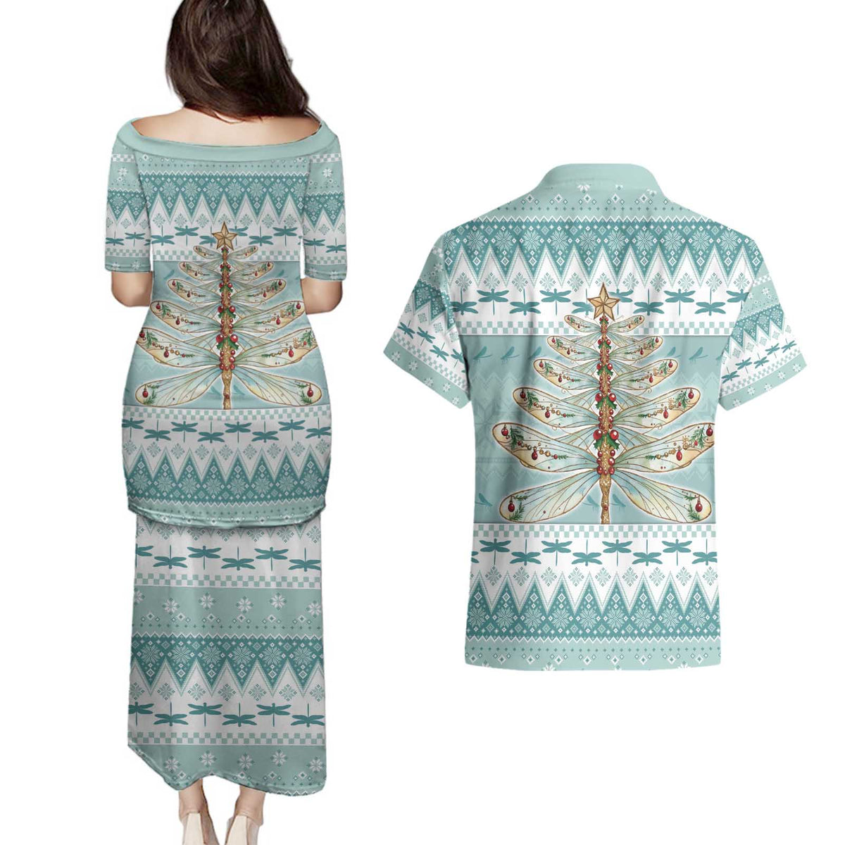 Dragonfly Christmas Couples Matching Puletasi and Hawaiian Shirt Frosty Minty Xmas Tree - Wonder Print Shop