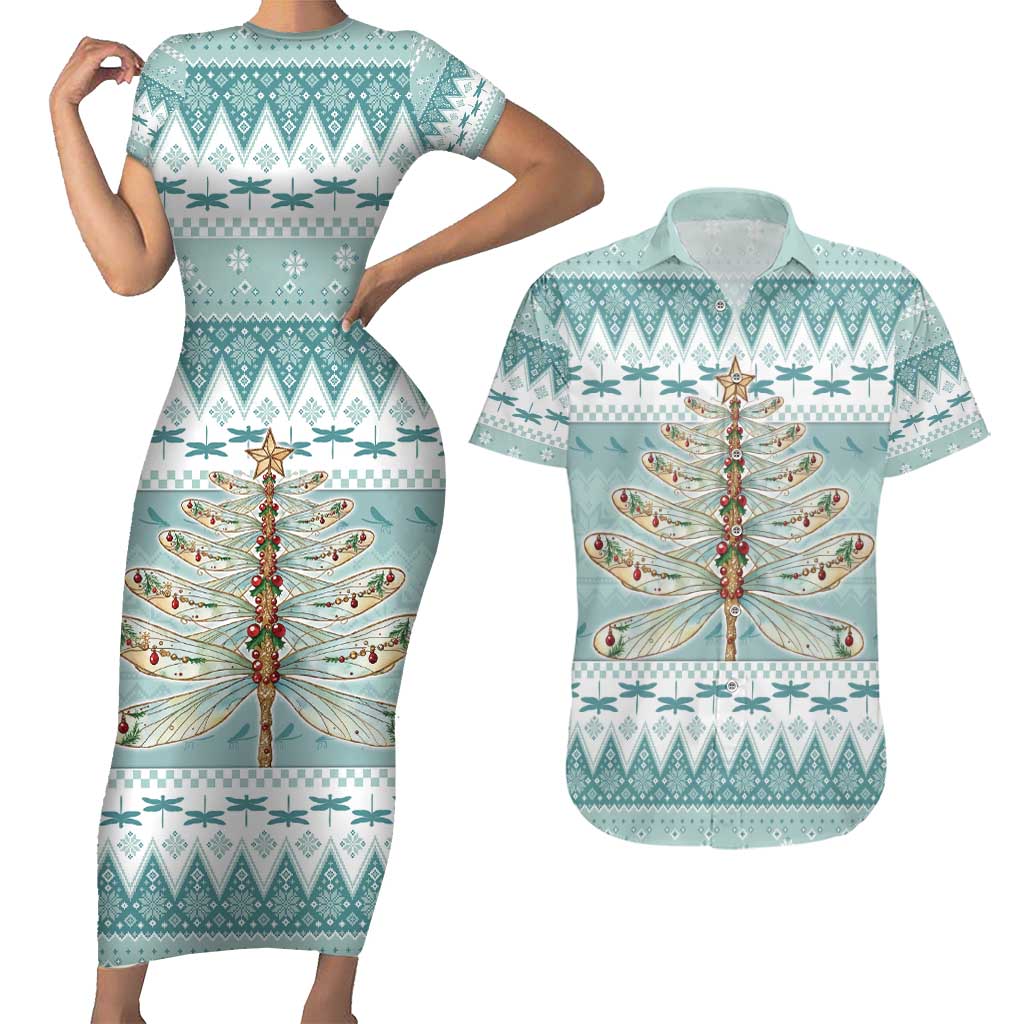 Dragonfly Christmas Couples Matching Short Sleeve Bodycon Dress and Hawaiian Shirt Frosty Minty Xmas Tree - Wonder Print Shop