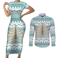 Dragonfly Christmas Couples Matching Short Sleeve Bodycon Dress and Long Sleeve Button Shirt Frosty Minty Xmas Tree - Wonder Print Shop