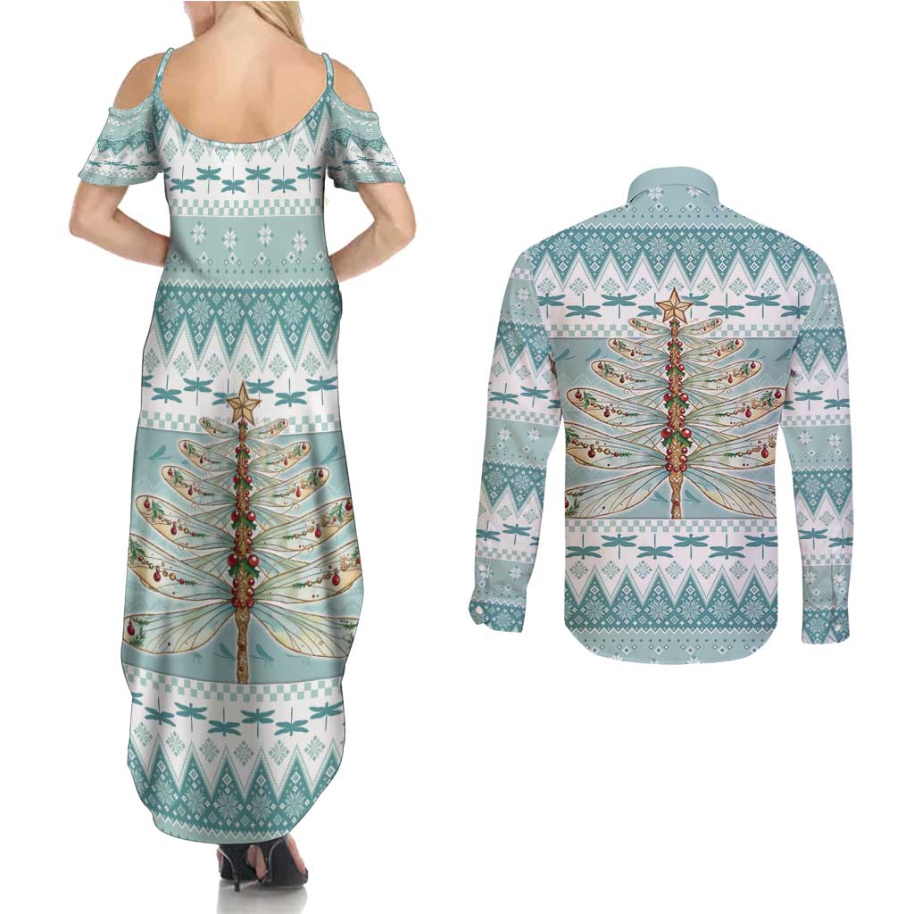 Dragonfly Christmas Couples Matching Summer Maxi Dress and Long Sleeve Button Shirt Frosty Minty Xmas Tree - Wonder Print Shop