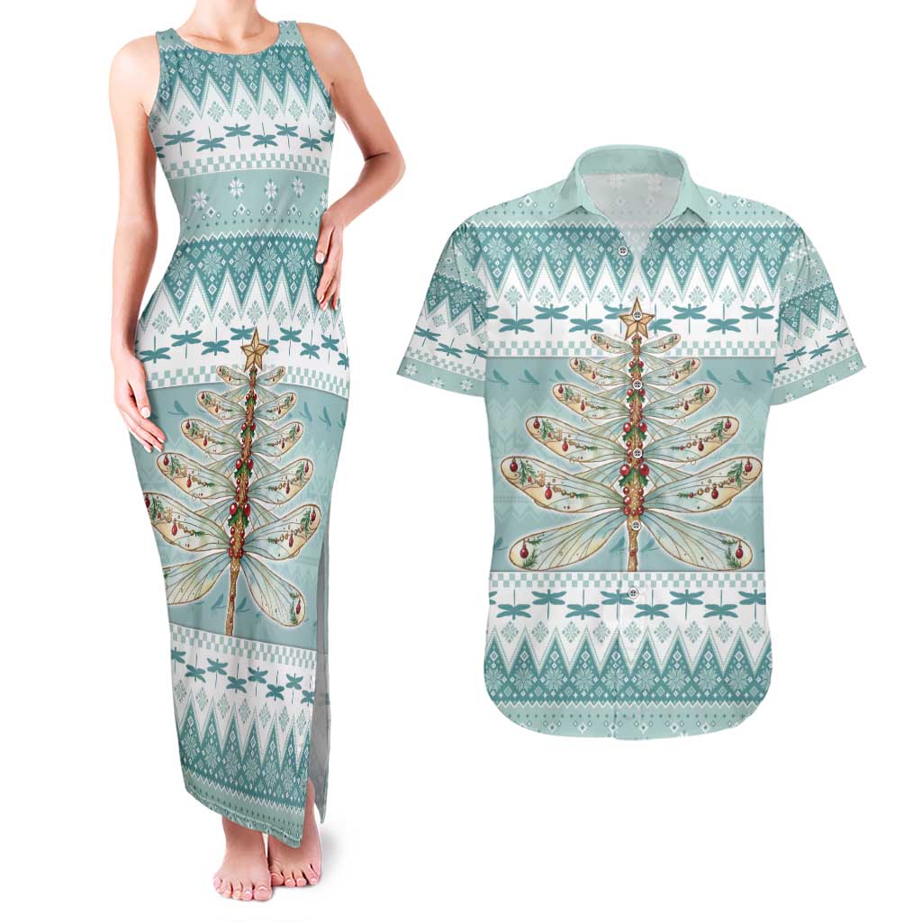 Dragonfly Christmas Couples Matching Tank Maxi Dress and Hawaiian Shirt Frosty Minty Xmas Tree - Wonder Print Shop