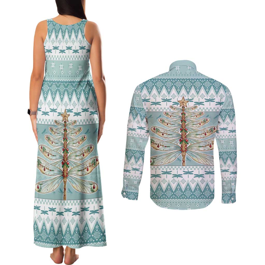 Dragonfly Christmas Couples Matching Tank Maxi Dress and Long Sleeve Button Shirt Frosty Minty Xmas Tree - Wonder Print Shop
