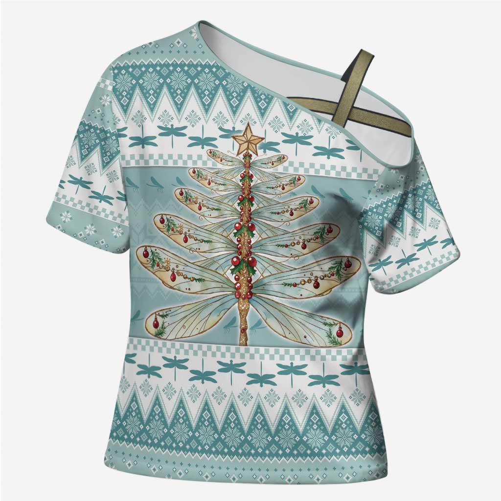 Dragonfly Christmas Cross Shoulder Shirt Frosty Minty Xmas Tree - Wonder Print Shop