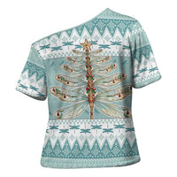 Dragonfly Christmas Cross Shoulder Shirt Frosty Minty Xmas Tree - Wonder Print Shop