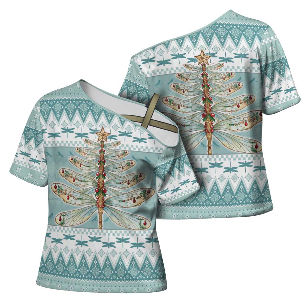 Dragonfly Christmas Cross Shoulder Shirt Frosty Minty Xmas Tree - Wonder Print Shop