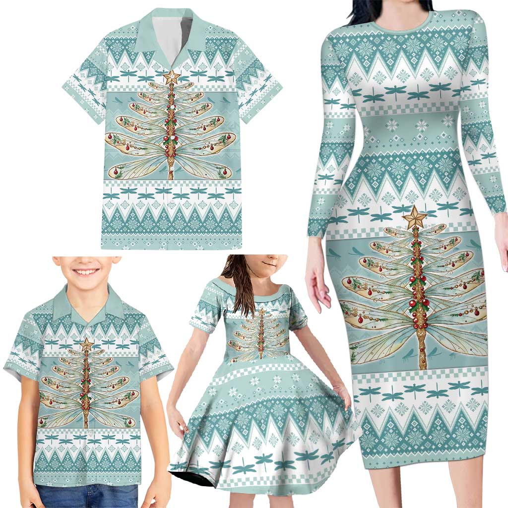 Dragonfly Christmas Family Matching Long Sleeve Bodycon Dress and Hawaiian Shirt Frosty Minty Xmas Tree - Wonder Print Shop