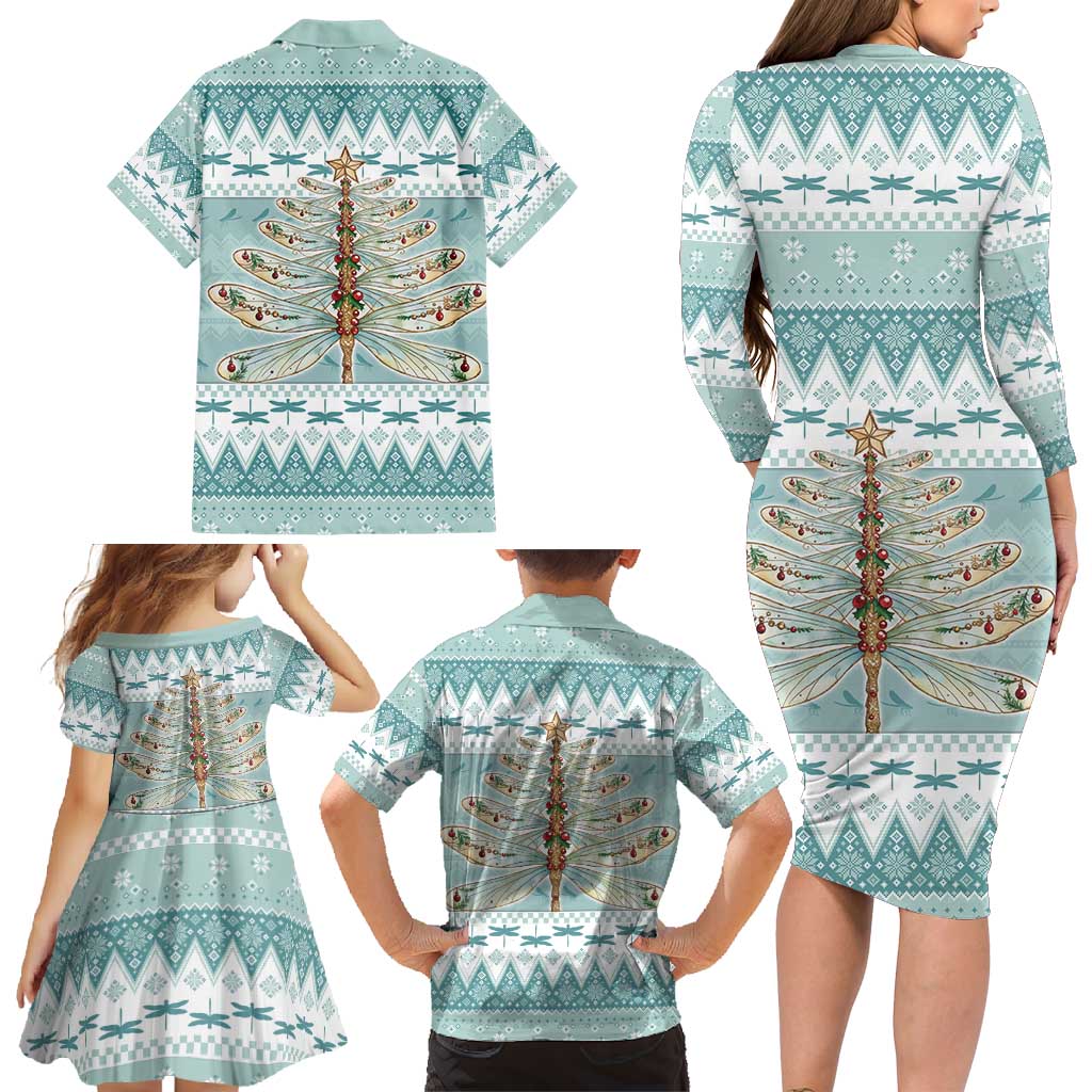 Dragonfly Christmas Family Matching Long Sleeve Bodycon Dress and Hawaiian Shirt Frosty Minty Xmas Tree - Wonder Print Shop