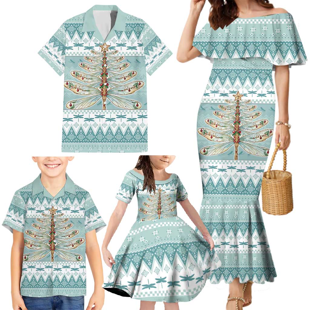 Dragonfly Christmas Family Matching Mermaid Dress and Hawaiian Shirt Frosty Minty Xmas Tree - Wonder Print Shop