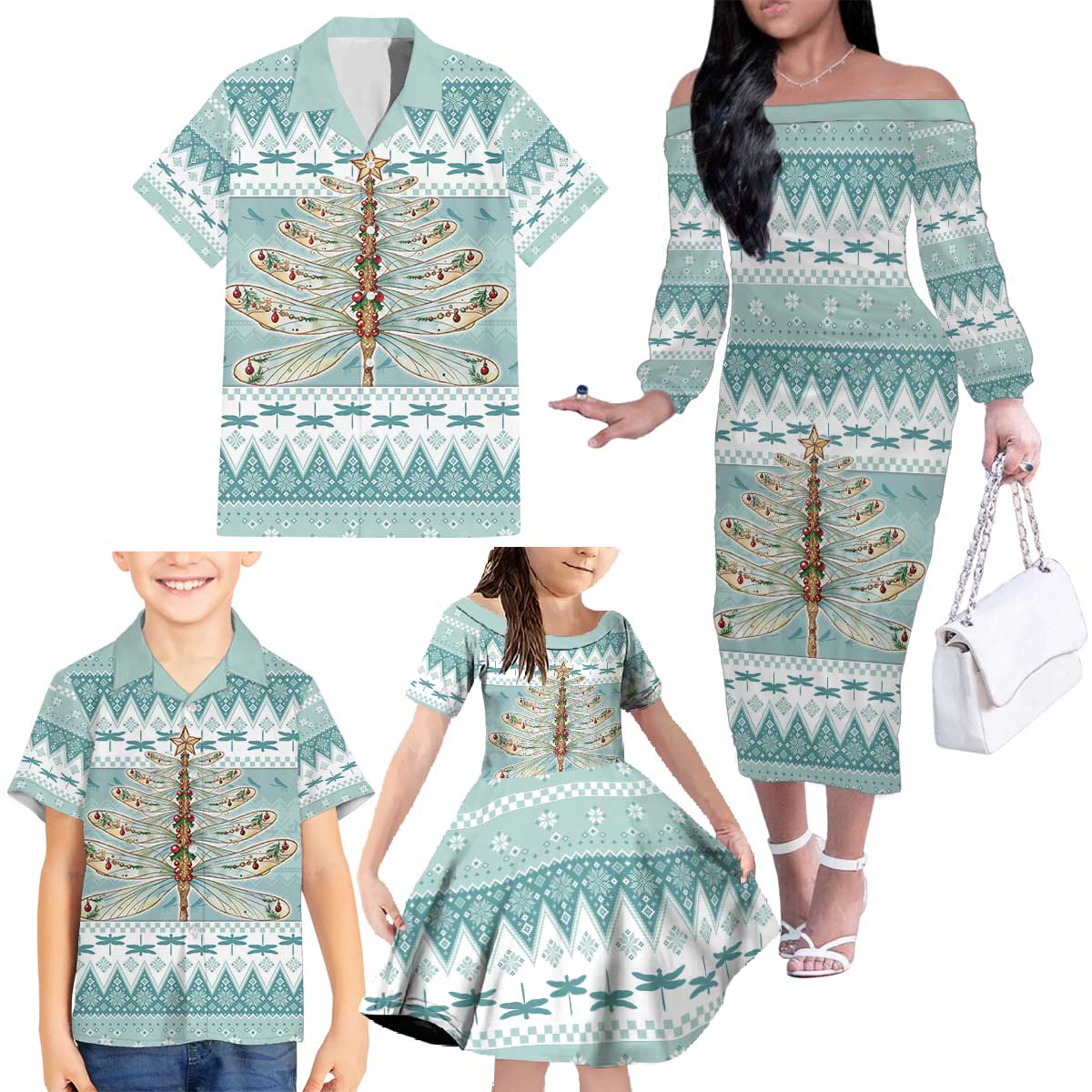 Dragonfly Christmas Family Matching Off The Shoulder Long Sleeve Dress and Hawaiian Shirt Frosty Minty Xmas Tree - Wonder Print Shop