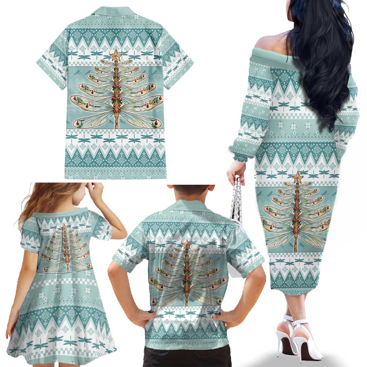 Dragonfly Christmas Family Matching Off The Shoulder Long Sleeve Dress and Hawaiian Shirt Frosty Minty Xmas Tree - Wonder Print Shop