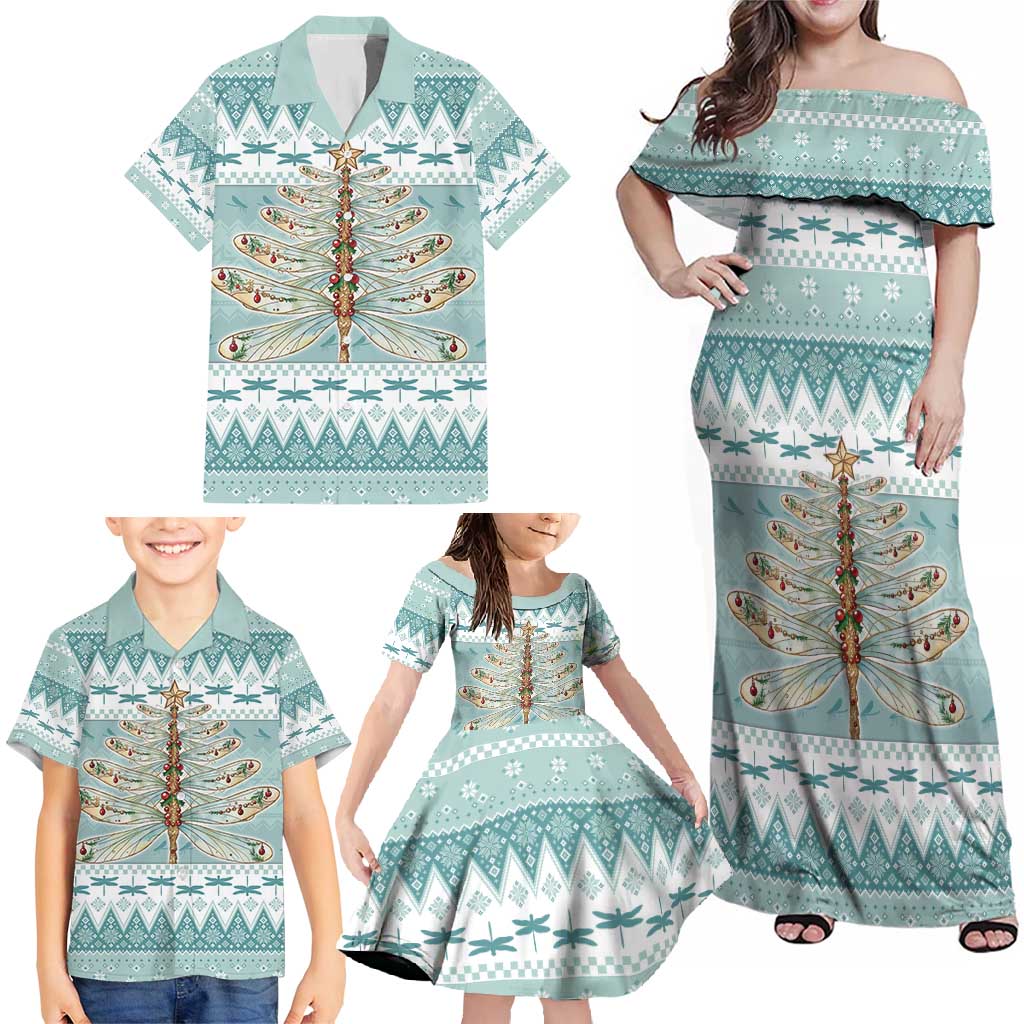 Dragonfly Christmas Family Matching Off Shoulder Maxi Dress and Hawaiian Shirt Frosty Minty Xmas Tree - Wonder Print Shop