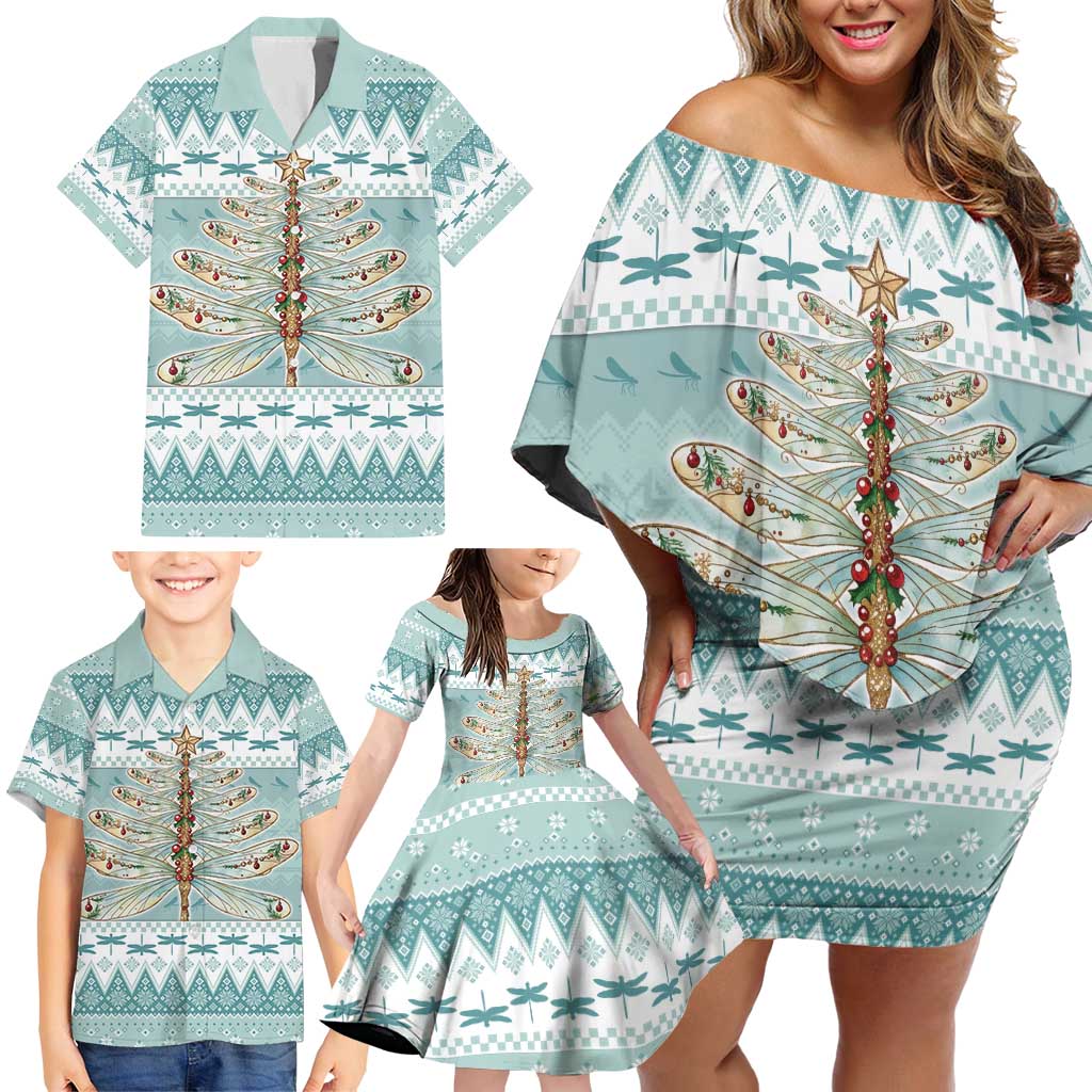 Dragonfly Christmas Family Matching Off Shoulder Short Dress and Hawaiian Shirt Frosty Minty Xmas Tree - Wonder Print Shop