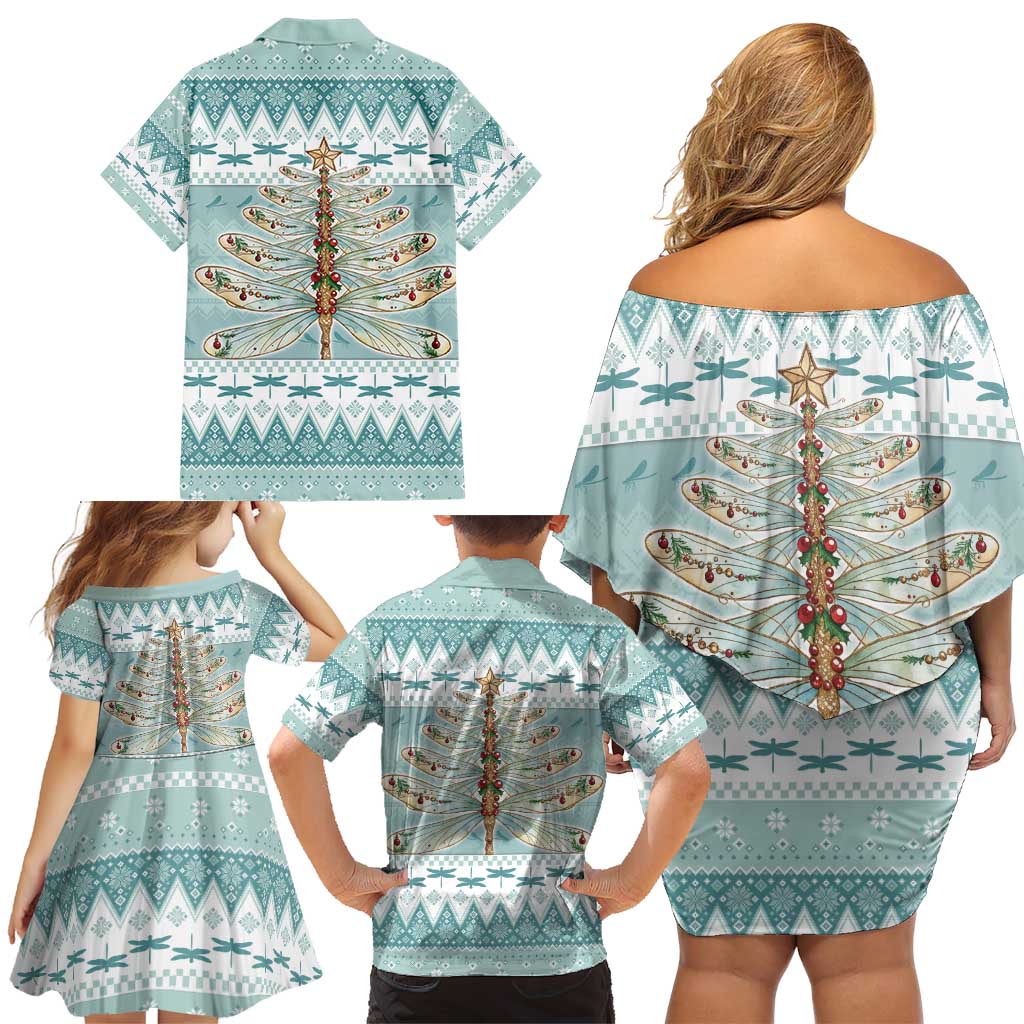 Dragonfly Christmas Family Matching Off Shoulder Short Dress and Hawaiian Shirt Frosty Minty Xmas Tree - Wonder Print Shop