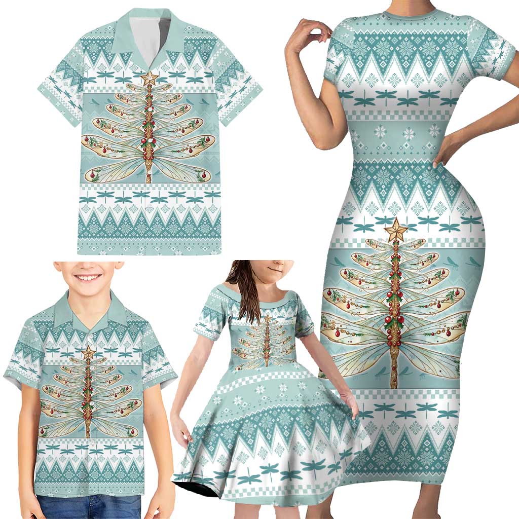 Dragonfly Christmas Family Matching Short Sleeve Bodycon Dress and Hawaiian Shirt Frosty Minty Xmas Tree - Wonder Print Shop