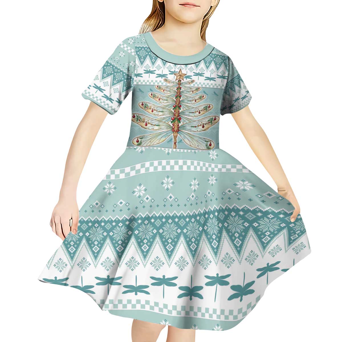 Dragonfly Christmas Kid Short Sleeve Dress Frosty Minty Xmas Tree - Wonder Print Shop