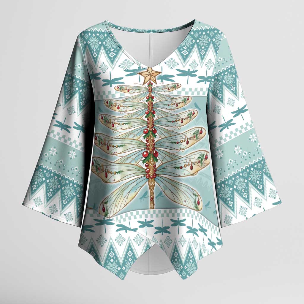 Dragonfly Christmas Kimono Sleeve Blouse Frosty Minty Xmas Tree - Wonder Print Shop
