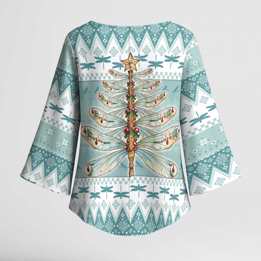 Dragonfly Christmas Kimono Sleeve Blouse Frosty Minty Xmas Tree - Wonder Print Shop