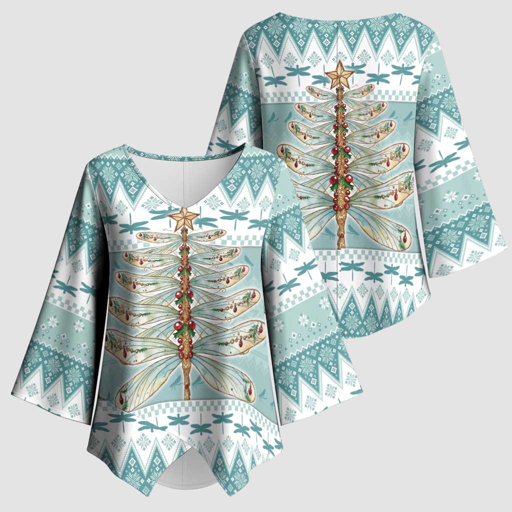 Dragonfly Christmas Kimono Sleeve Blouse Frosty Minty Xmas Tree - Wonder Print Shop