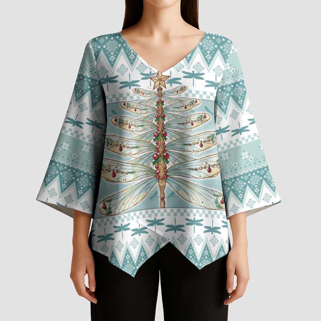 Dragonfly Christmas Kimono Sleeve Blouse Frosty Minty Xmas Tree - Wonder Print Shop
