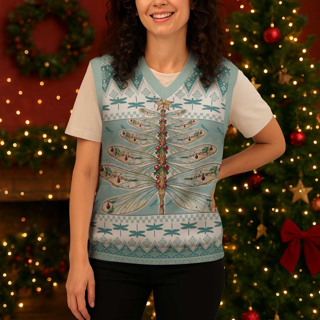 Dragonfly Christmas Knitted V-Neck Vest Frosty Minty Xmas Tree - Wonder Print Shop