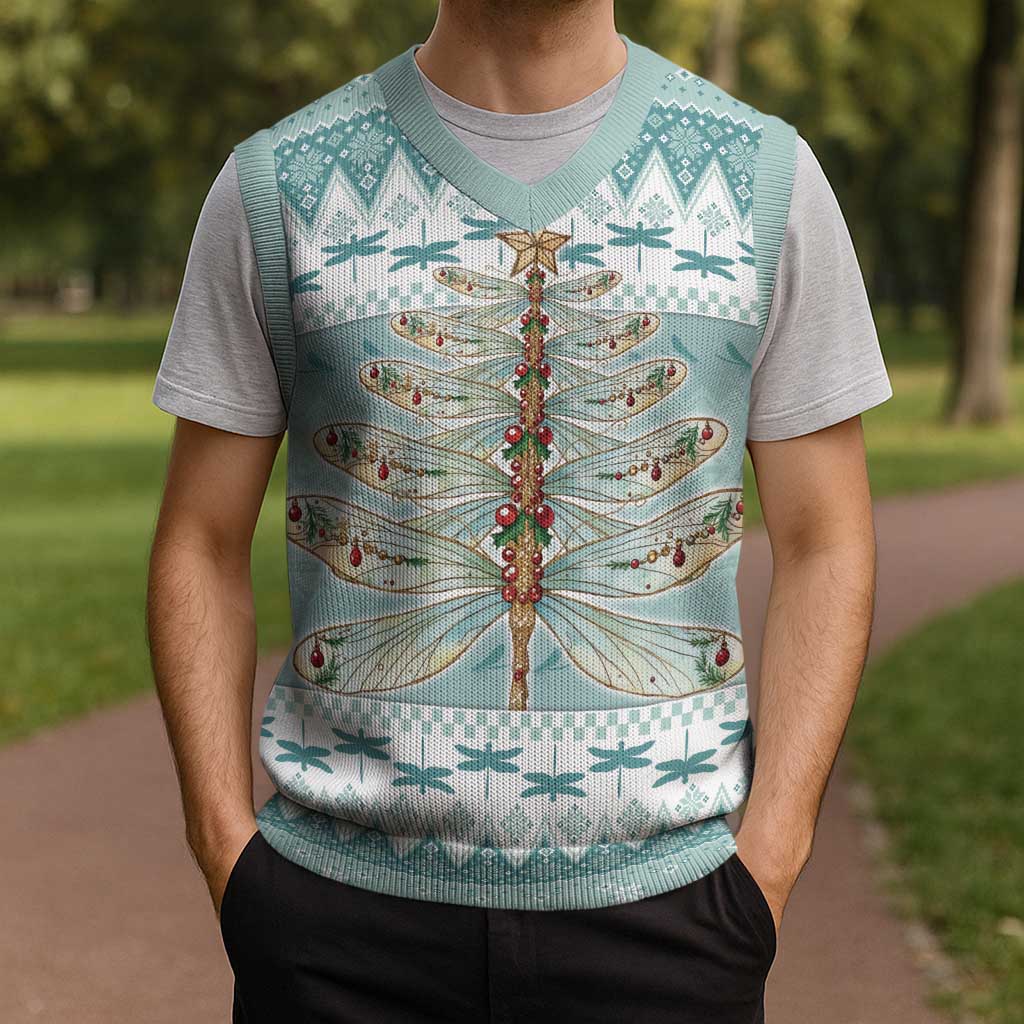 Dragonfly Christmas Knitted V-Neck Vest Frosty Minty Xmas Tree - Wonder Print Shop