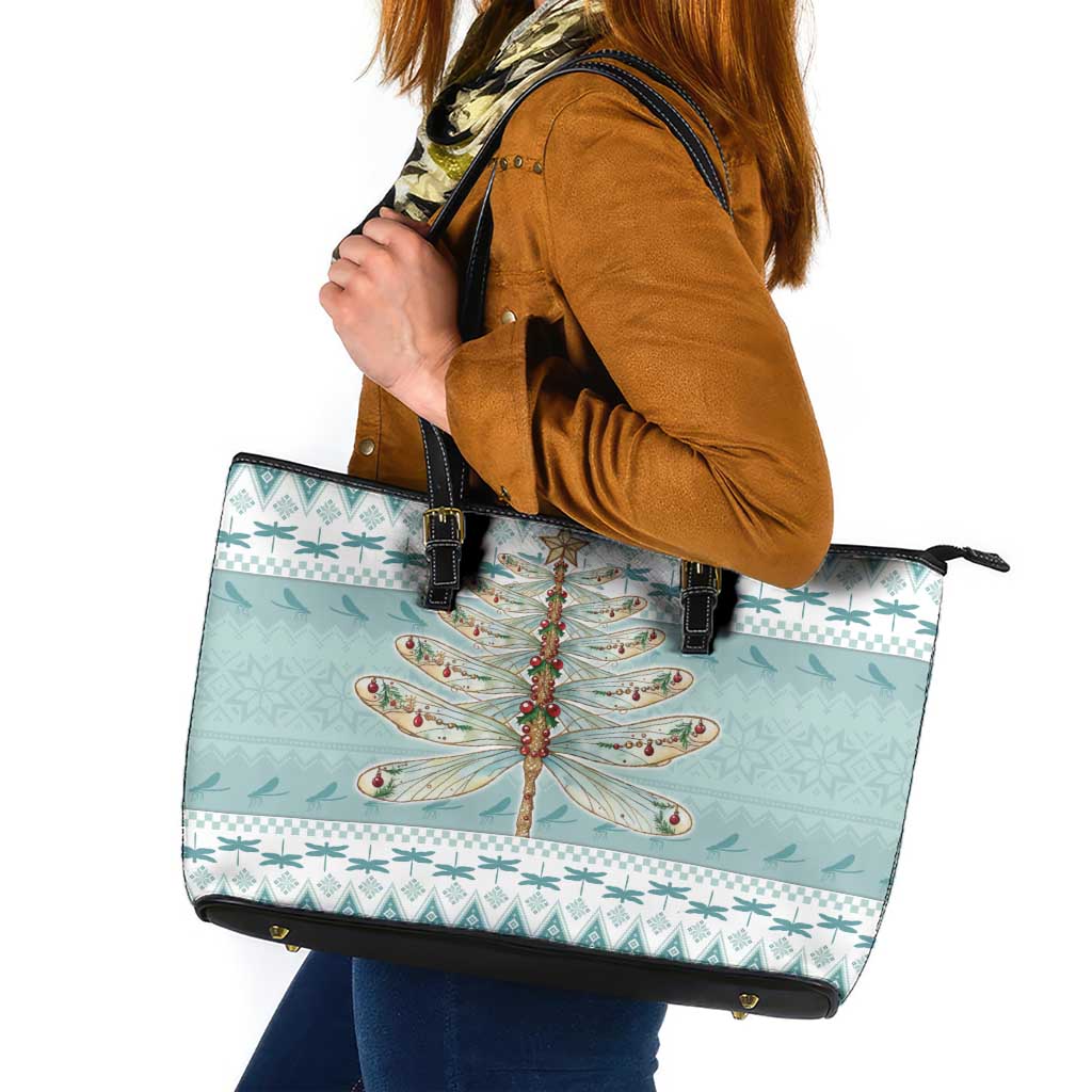 Dragonfly Christmas Leather Tote Bag Frosty Minty Xmas Tree - Wonder Print Shop