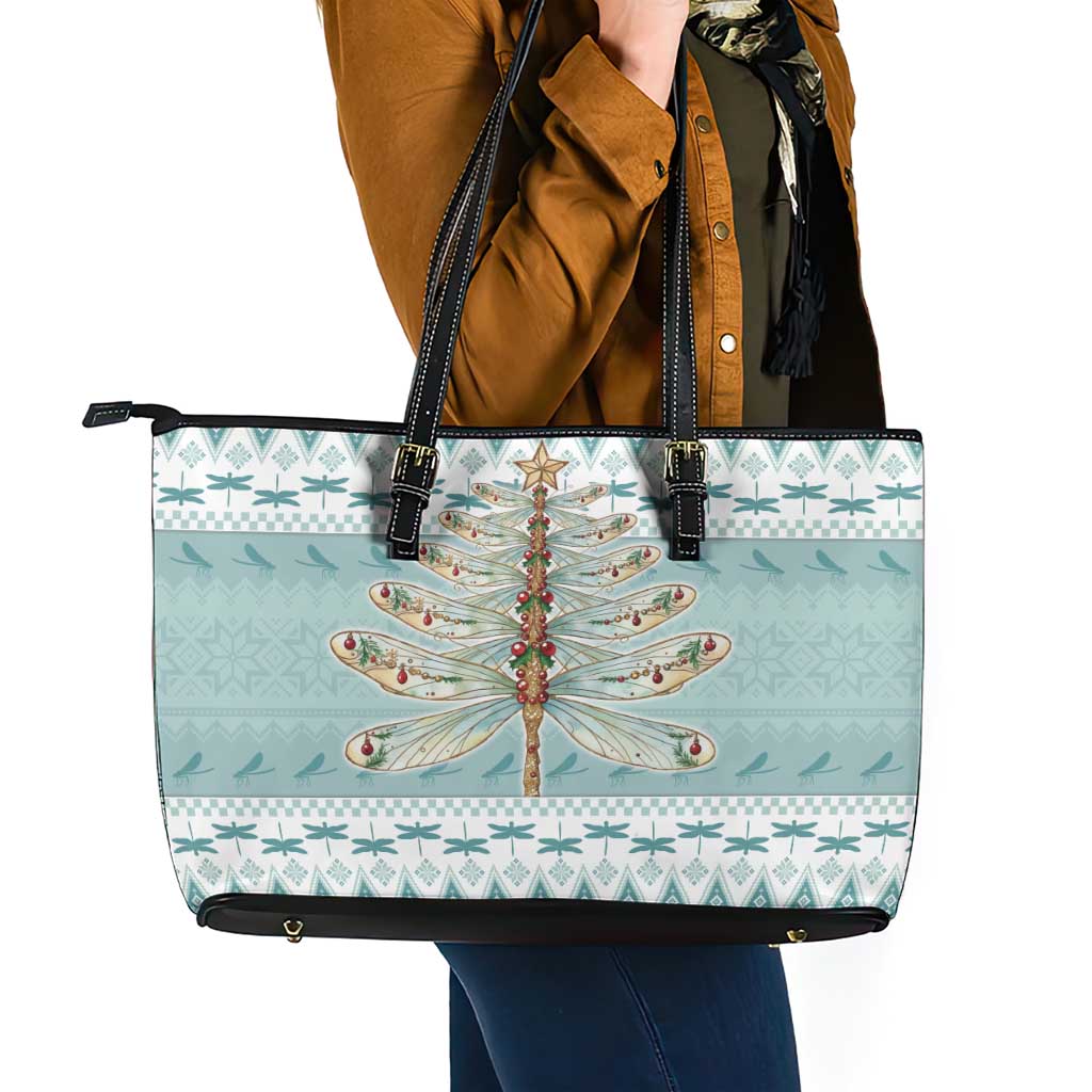 Dragonfly Christmas Leather Tote Bag Frosty Minty Xmas Tree - Wonder Print Shop
