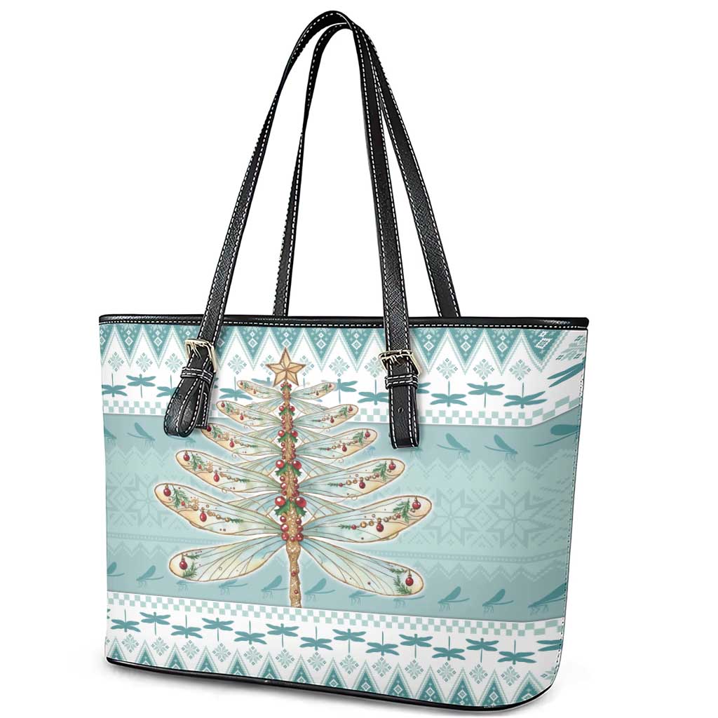 Dragonfly Christmas Leather Tote Bag Frosty Minty Xmas Tree - Wonder Print Shop