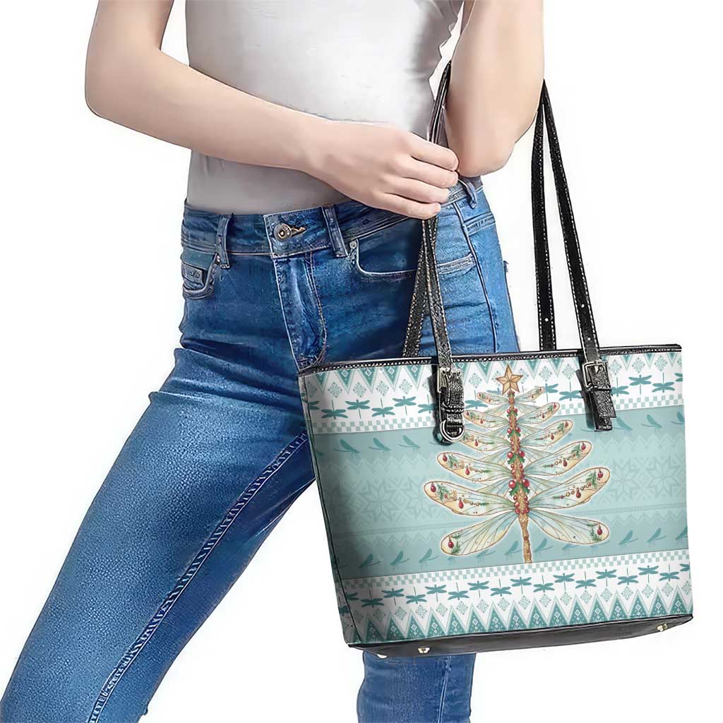 Dragonfly Christmas Leather Tote Bag Frosty Minty Xmas Tree - Wonder Print Shop