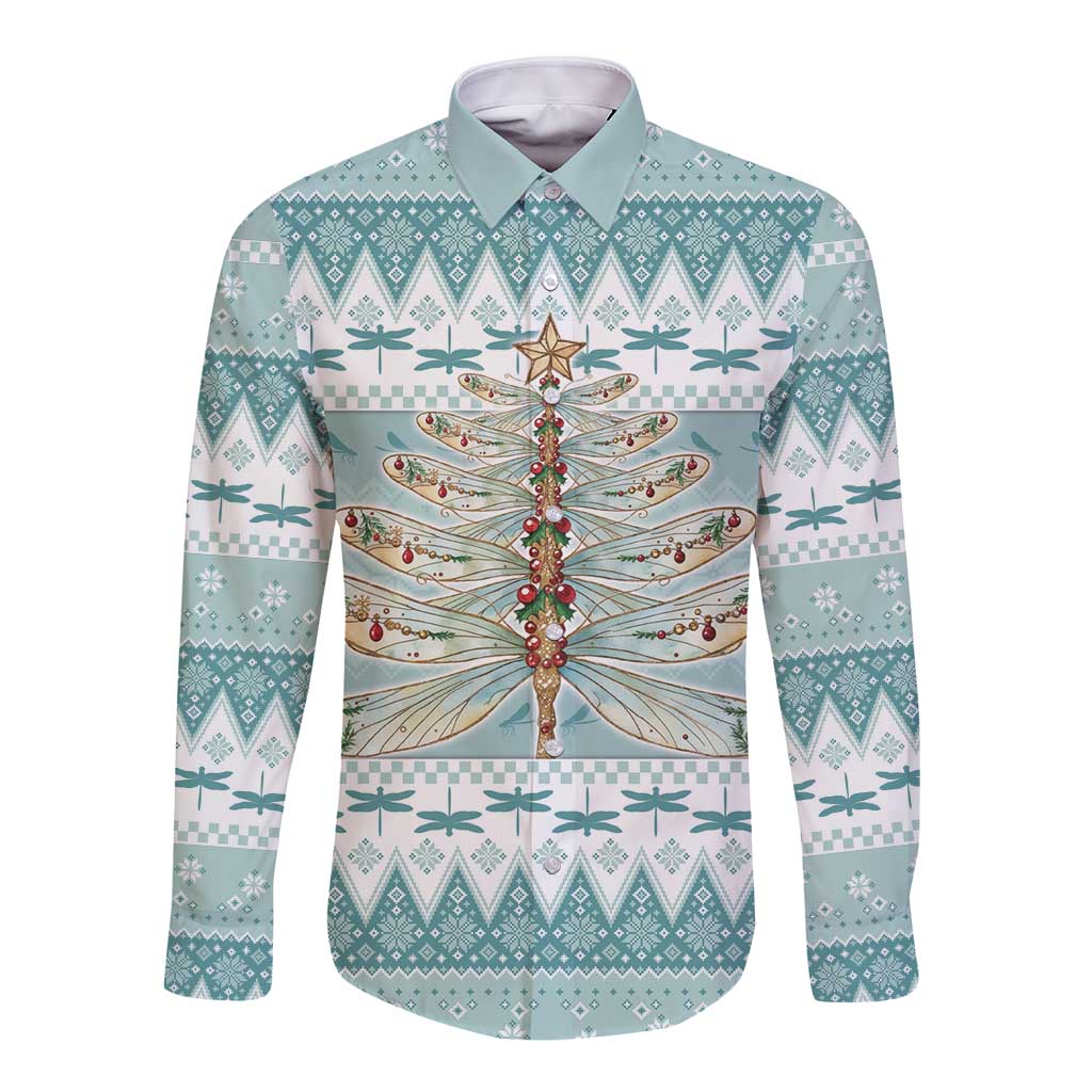 Dragonfly Christmas Long Sleeve Button Shirt Frosty Minty Xmas Tree - Wonder Print Shop