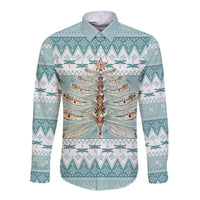 Dragonfly Christmas Long Sleeve Button Shirt Frosty Minty Xmas Tree - Wonder Print Shop