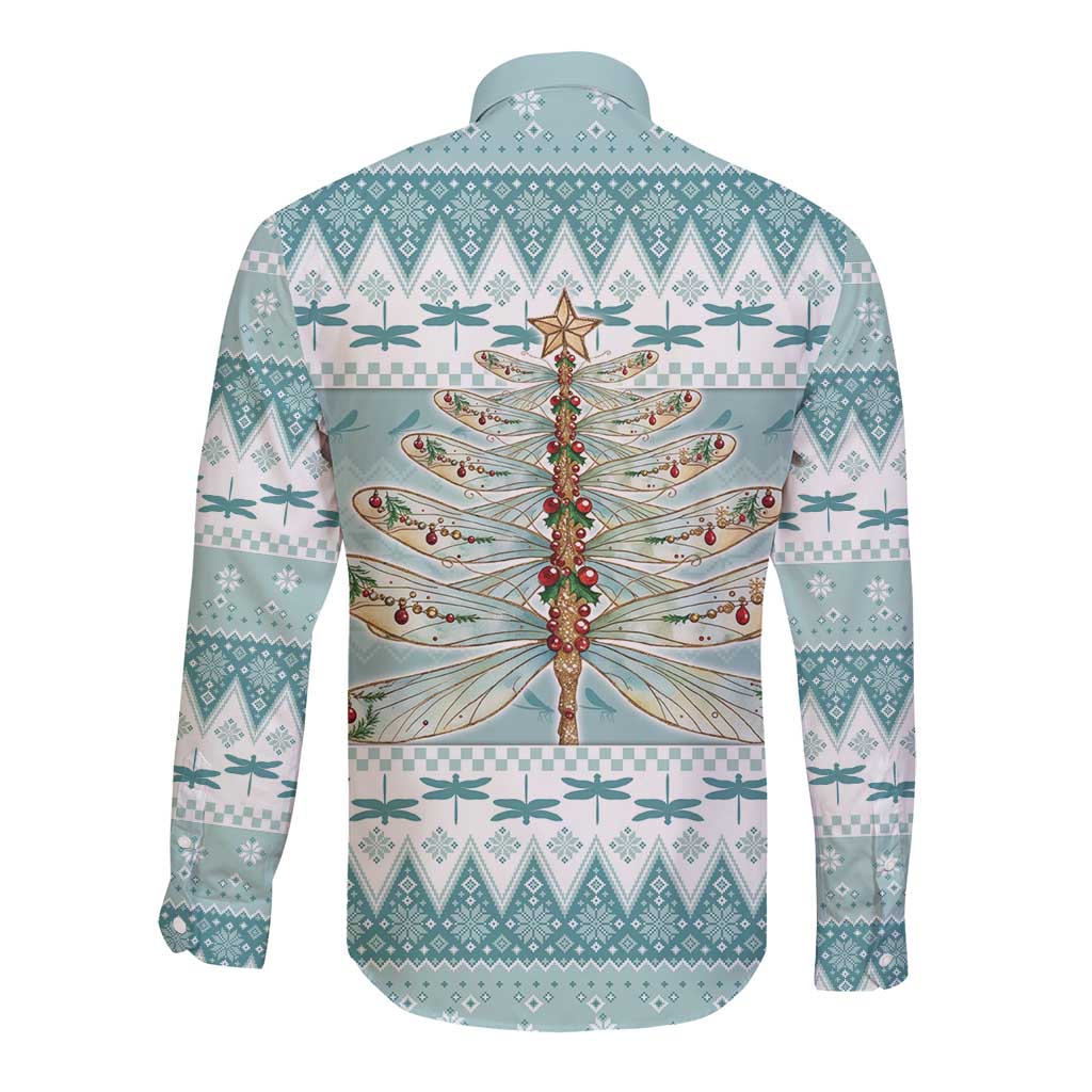 Dragonfly Christmas Long Sleeve Button Shirt Frosty Minty Xmas Tree - Wonder Print Shop