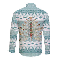 Dragonfly Christmas Long Sleeve Button Shirt Frosty Minty Xmas Tree - Wonder Print Shop