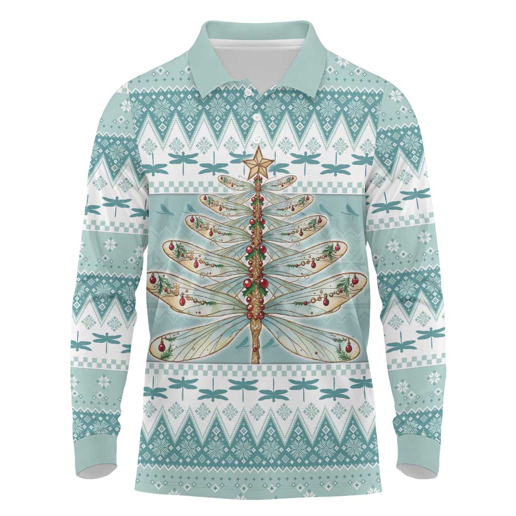 Dragonfly Christmas Long Sleeve Polo Shirt Frosty Minty Xmas Tree - Wonder Print Shop