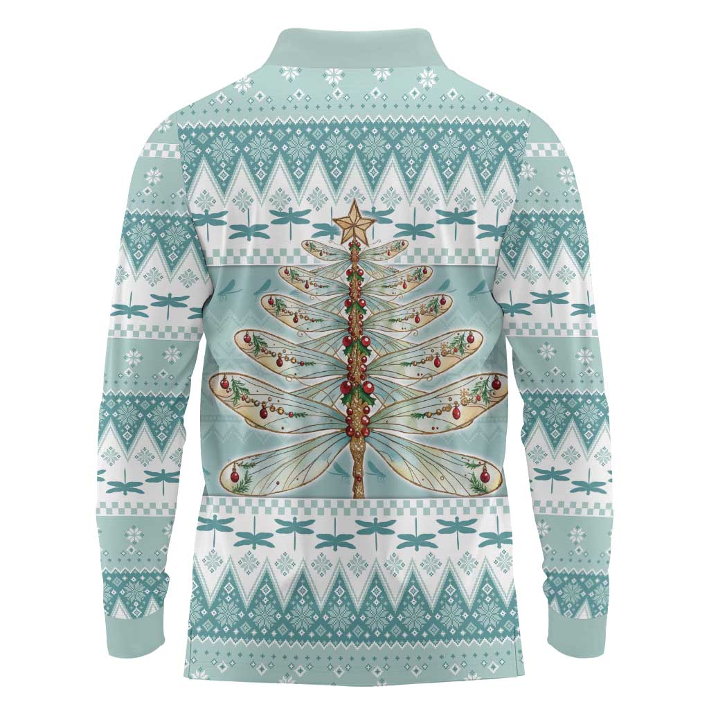 Dragonfly Christmas Long Sleeve Polo Shirt Frosty Minty Xmas Tree - Wonder Print Shop