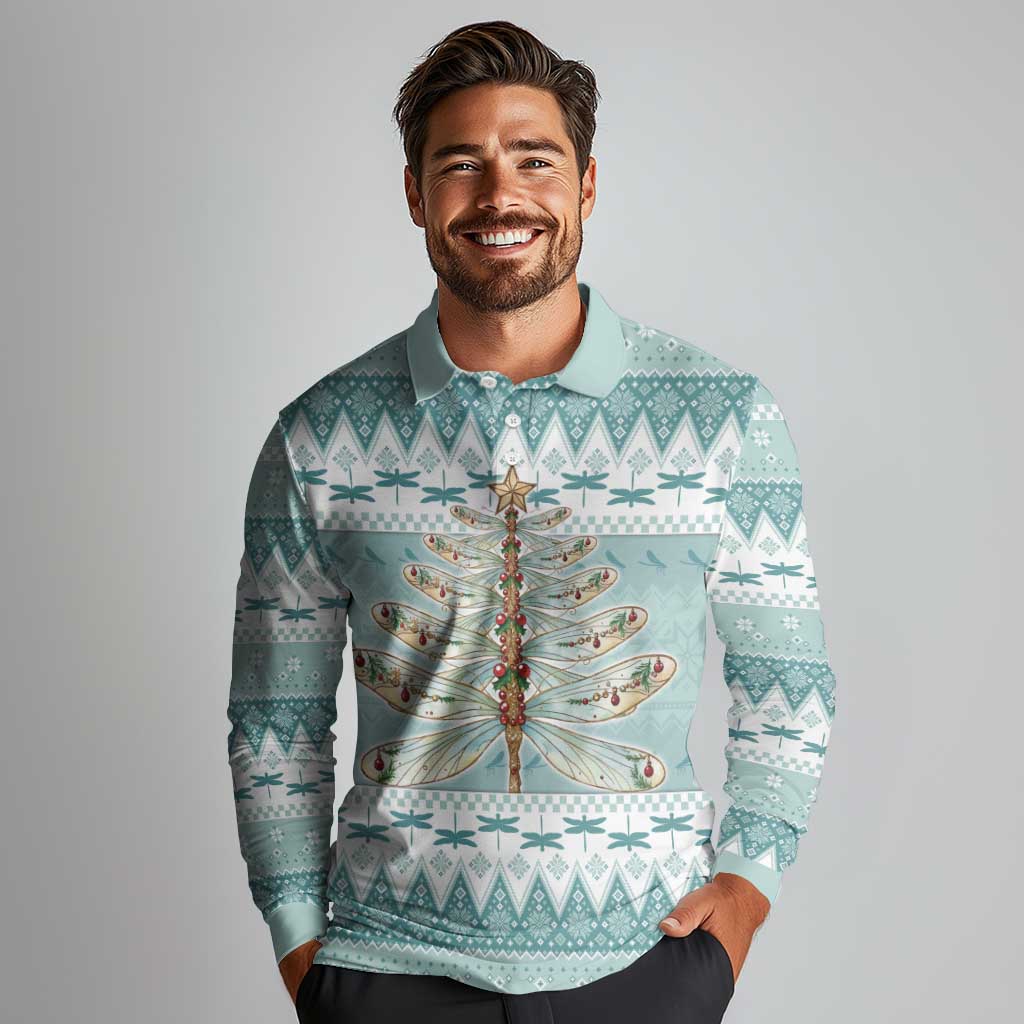 Dragonfly Christmas Long Sleeve Polo Shirt Frosty Minty Xmas Tree - Wonder Print Shop