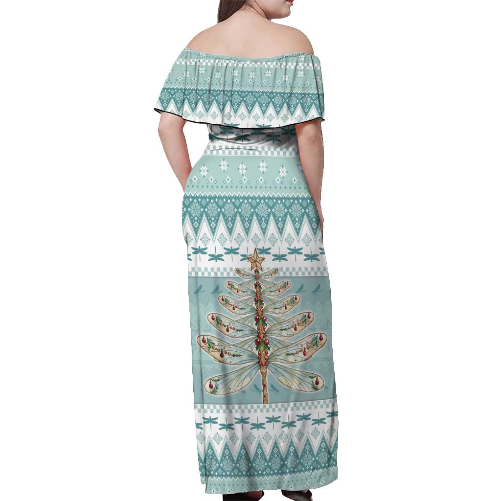 Dragonfly Christmas Off Shoulder Maxi Dress Frosty Minty Xmas Tree - Wonder Print Shop