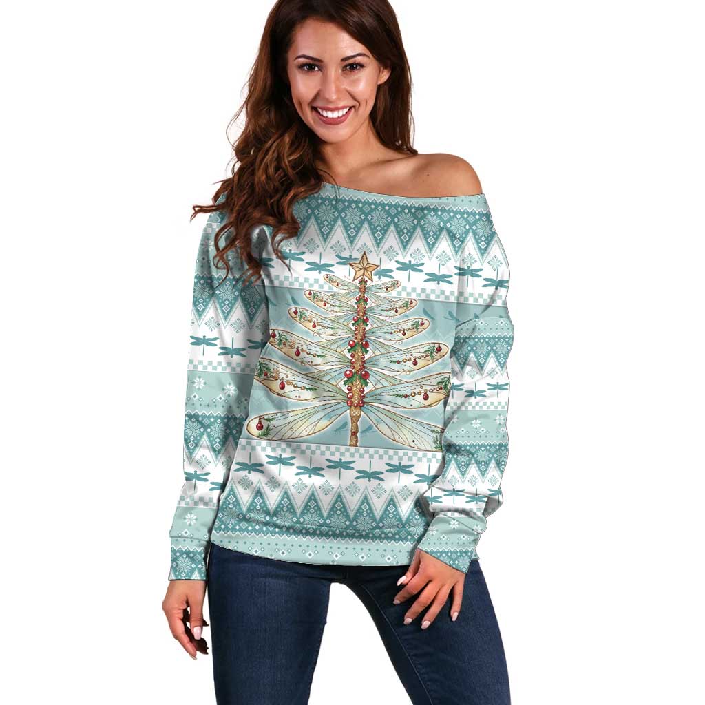 Dragonfly Christmas Off Shoulder Sweater Frosty Minty Xmas Tree - Wonder Print Shop