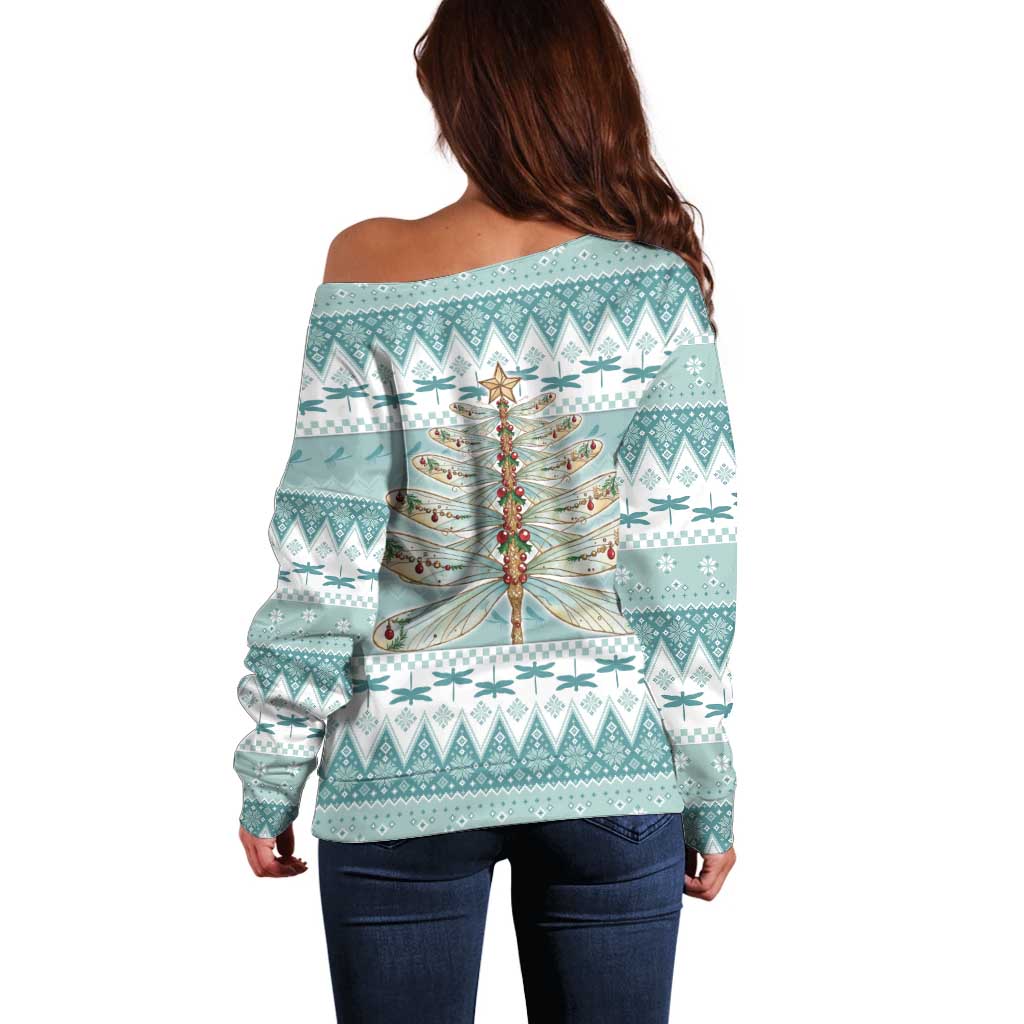 Dragonfly Christmas Off Shoulder Sweater Frosty Minty Xmas Tree - Wonder Print Shop