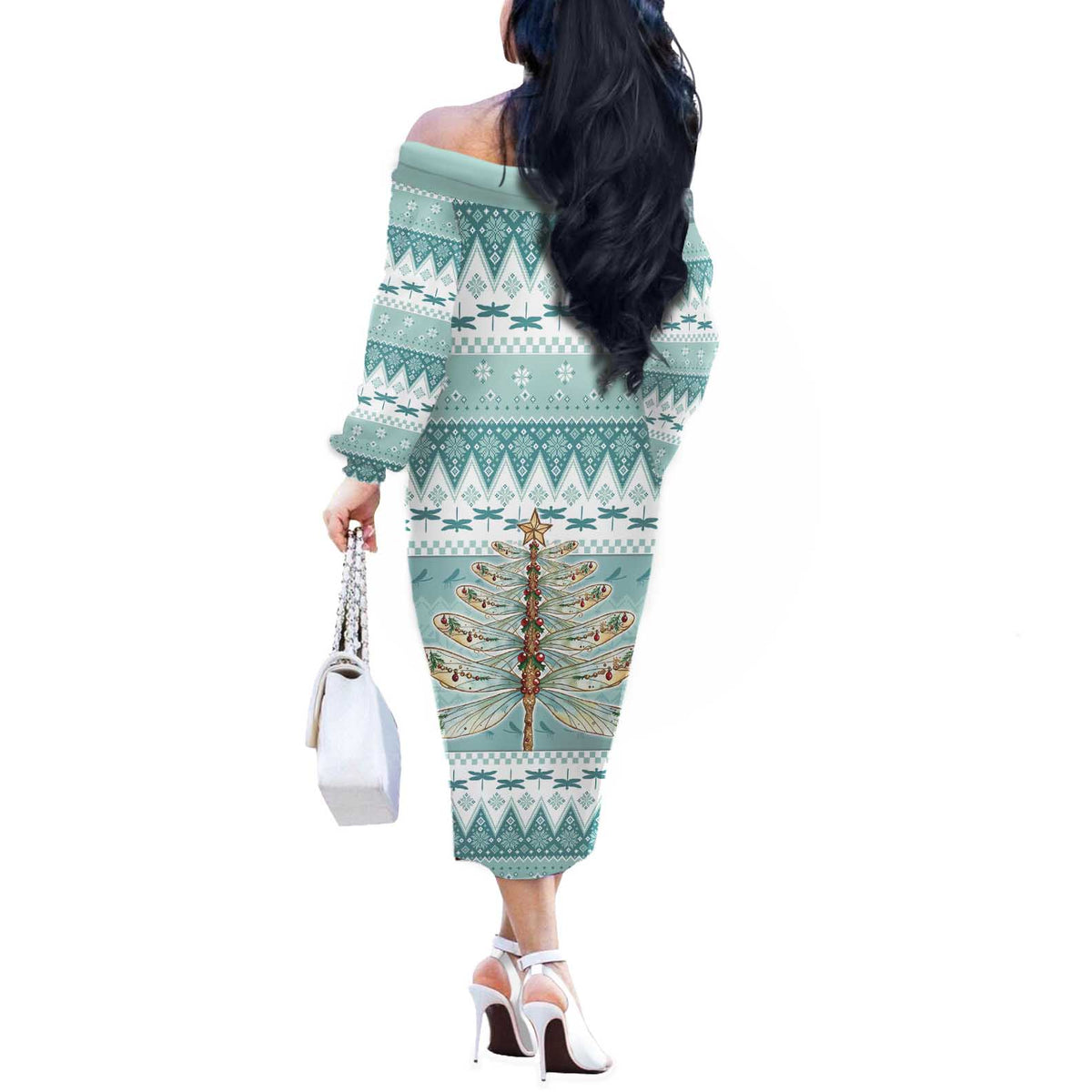 Dragonfly Christmas Off The Shoulder Long Sleeve Dress Frosty Minty Xmas Tree - Wonder Print Shop