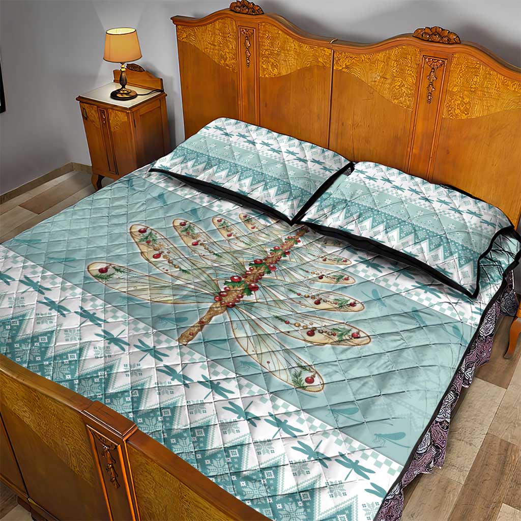 Dragonfly Christmas Quilt Bed Set Frosty Minty Xmas Tree - Wonder Print Shop