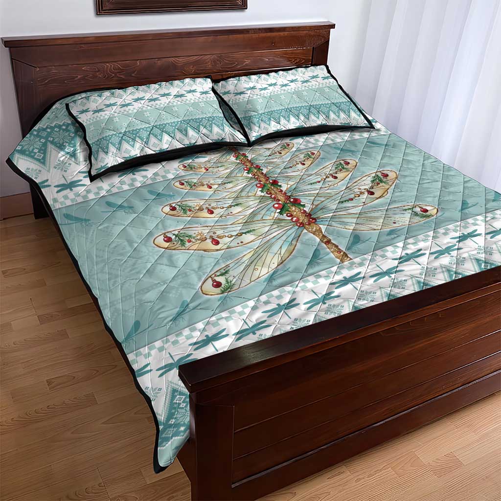 Dragonfly Christmas Quilt Bed Set Frosty Minty Xmas Tree - Wonder Print Shop