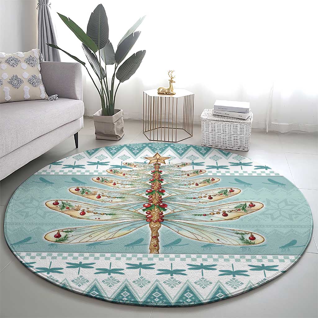 Dragonfly Christmas Round Carpet Frosty Minty Xmas Tree - Wonder Print Shop