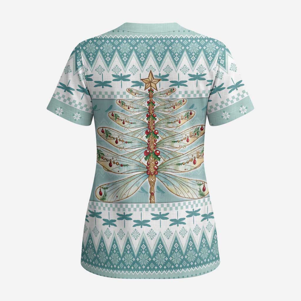 Dragonfly Christmas Scrub Top Frosty Minty Xmas Tree - Wonder Print Shop