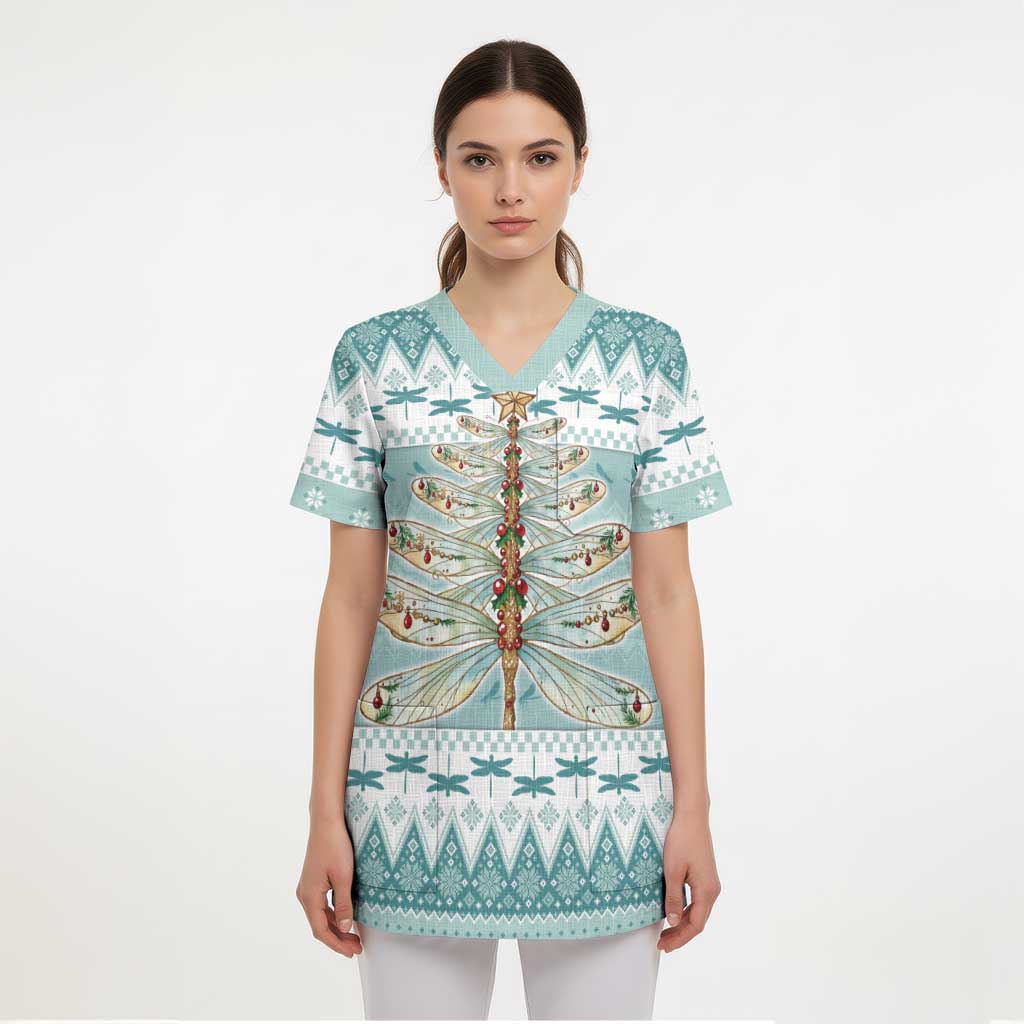 Dragonfly Christmas Scrub Top Frosty Minty Xmas Tree - Wonder Print Shop