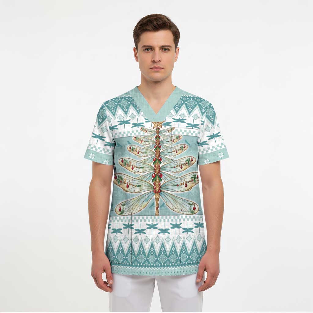 Dragonfly Christmas Scrub Top Frosty Minty Xmas Tree - Wonder Print Shop