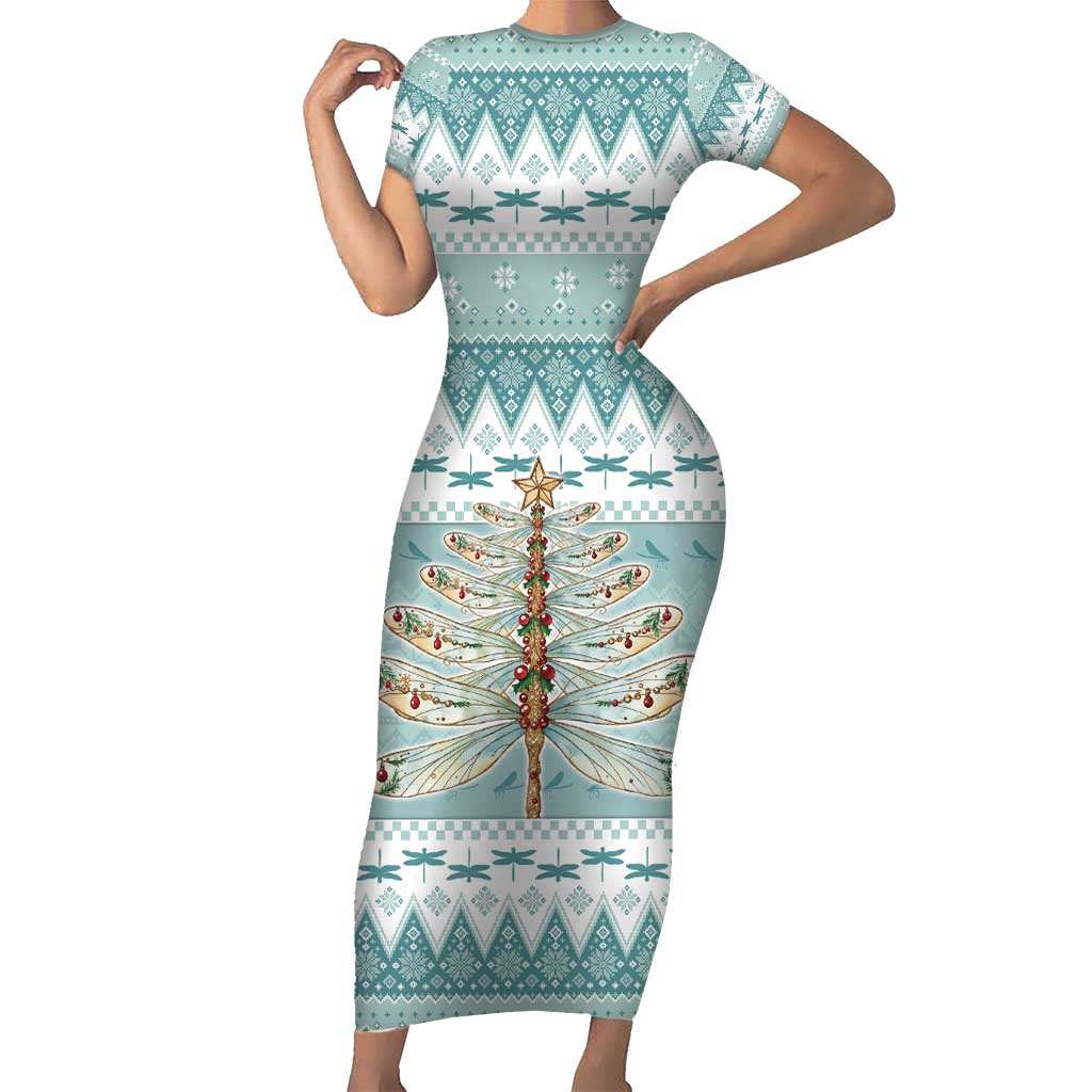 Dragonfly Christmas Short Sleeve Bodycon Dress Frosty Minty Xmas Tree - Wonder Print Shop