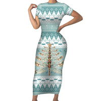 Dragonfly Christmas Short Sleeve Bodycon Dress Frosty Minty Xmas Tree - Wonder Print Shop
