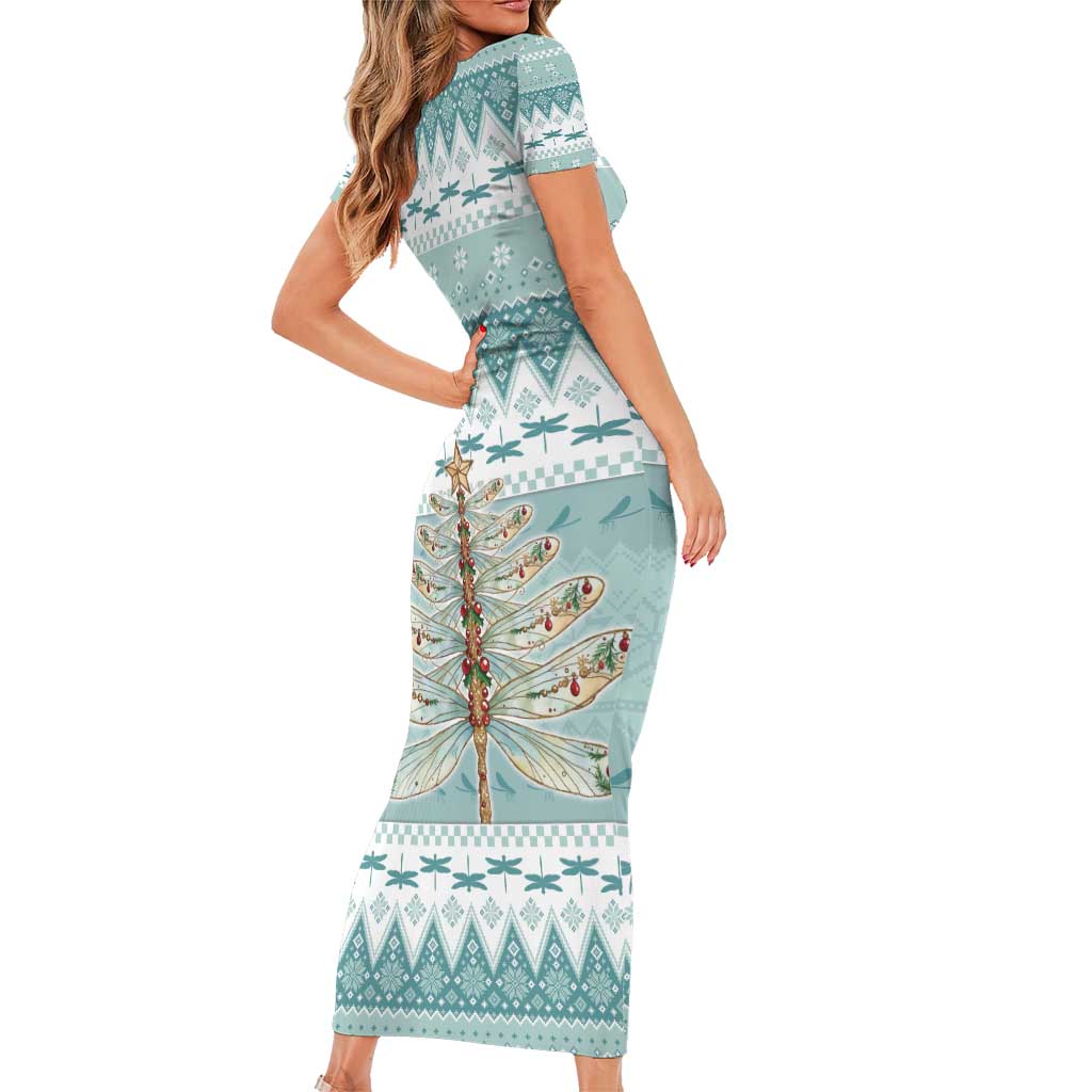 Dragonfly Christmas Short Sleeve Bodycon Dress Frosty Minty Xmas Tree - Wonder Print Shop