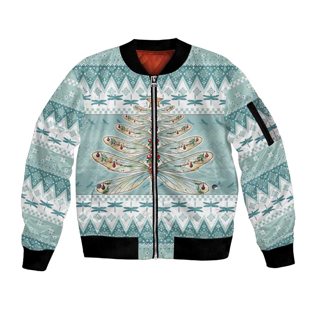 Dragonfly Christmas Sleeve Zip Bomber Jacket Frosty Minty Xmas Tree - Wonder Print Shop